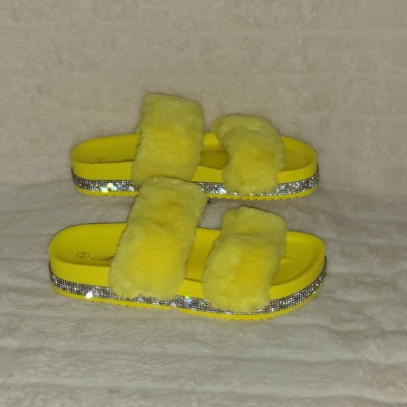Fur Baby Yellow Soft Furry Double Band Slip on Rhinestone Trim Sandals Slippers - Picture 11 of 14